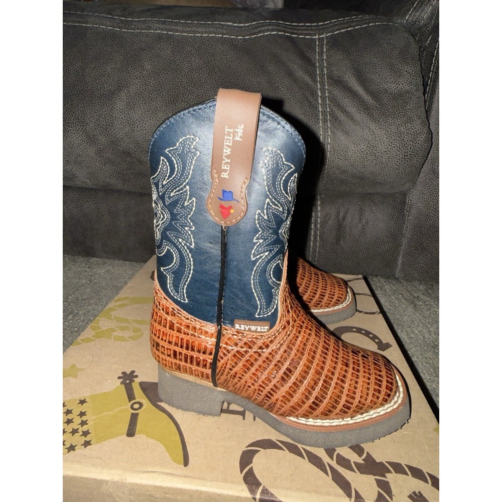 Reywalt Kids Square Toe Western Boot MX 15 1/2 US 9 Cognac‎ Blue